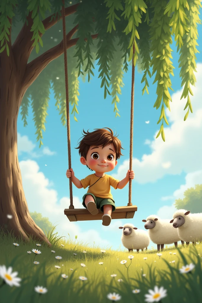 a two year old boy, Caucasian, not very big brown eyes with long eyelashes , brown hair,  mounted on a swing hanging from a Weeping Willow in a meadow full of daisies where white sheep graze,   with blue sky but with some clouds that threaten storm .