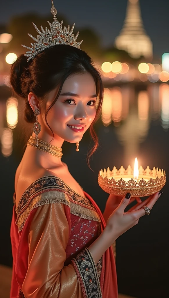 A warm, serene, and devotional atmosphere. The woman in the painting has a calm, gentle smile and her eyes are slightly lowered. She is holding a small, traditional oil lamp (diya). Her hair is neatly braided and adorned with flowers and an ornate headdress. She is dressed in a rich, deep red silk sari and elaborate traditional jewelry. The background is dark. The overall atmosphere is peaceful and spiritual.