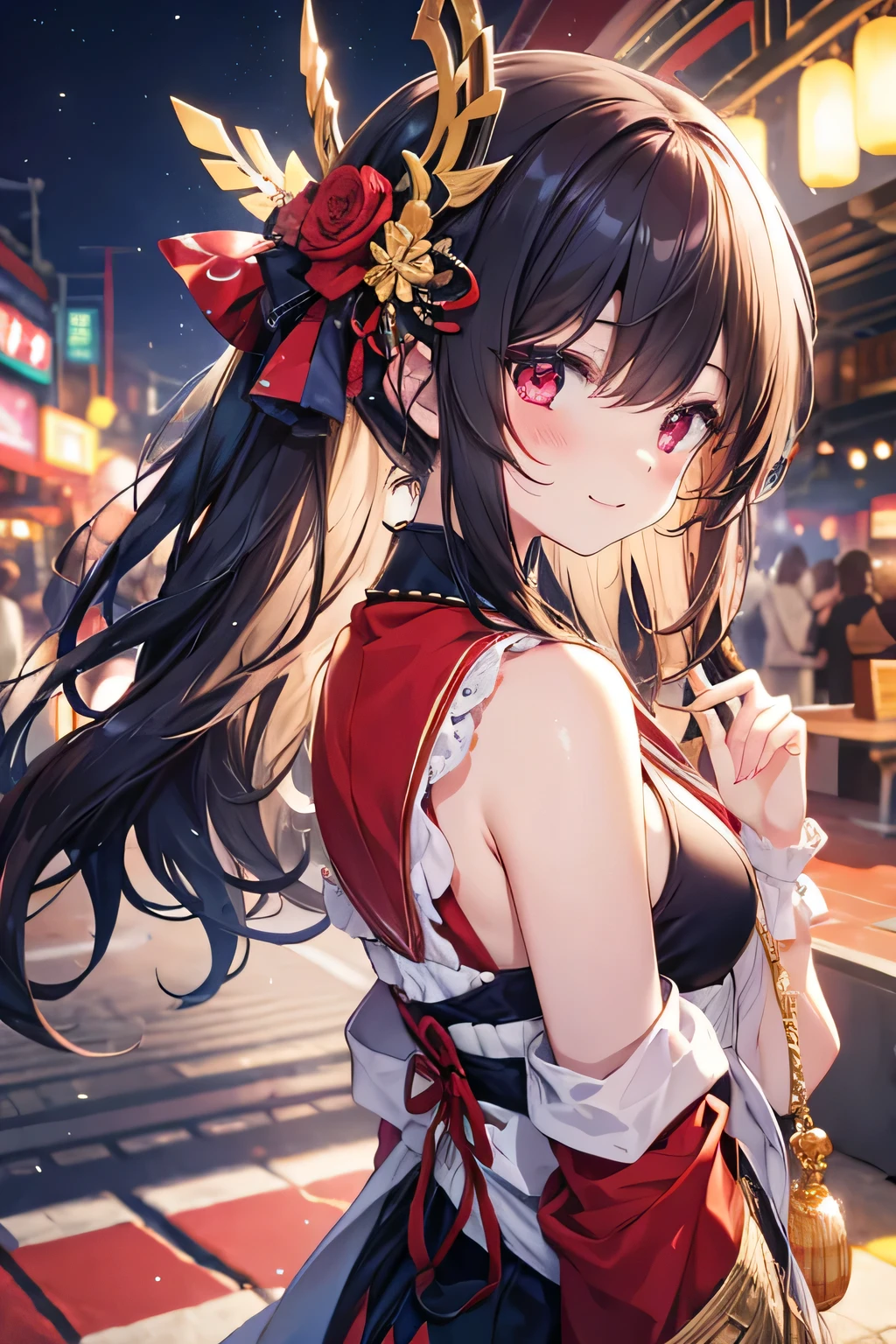 smaller、 one girl , long tied brunette hair wearing a festival mask, blushing smile , Red eyes,Small breasts , Don't look at the audience,Depressed 、 Wearing a yukata, A bite of kushi-dango 、 putting a fox mask on your head,(Mask)、 turn around、firework 、(Autumn Festival), (Late Night),Late Night , Autumn Leaves Illuminated、 masterpiece, 8k, full light, Perfect outfit, perfect anatomy, Perfect Eyes, perfect face, Sharp resolution, ( cowboy shots)