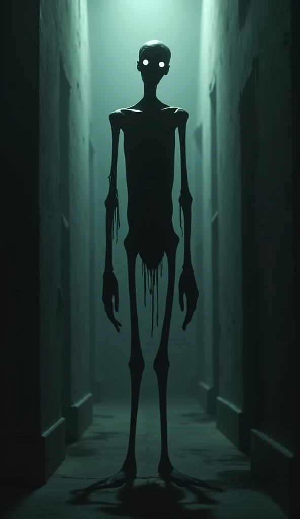 A tall, large-headed, skinny, long-clawed, calm, black monster with visible bones standing in the corner of a dark, depressing room