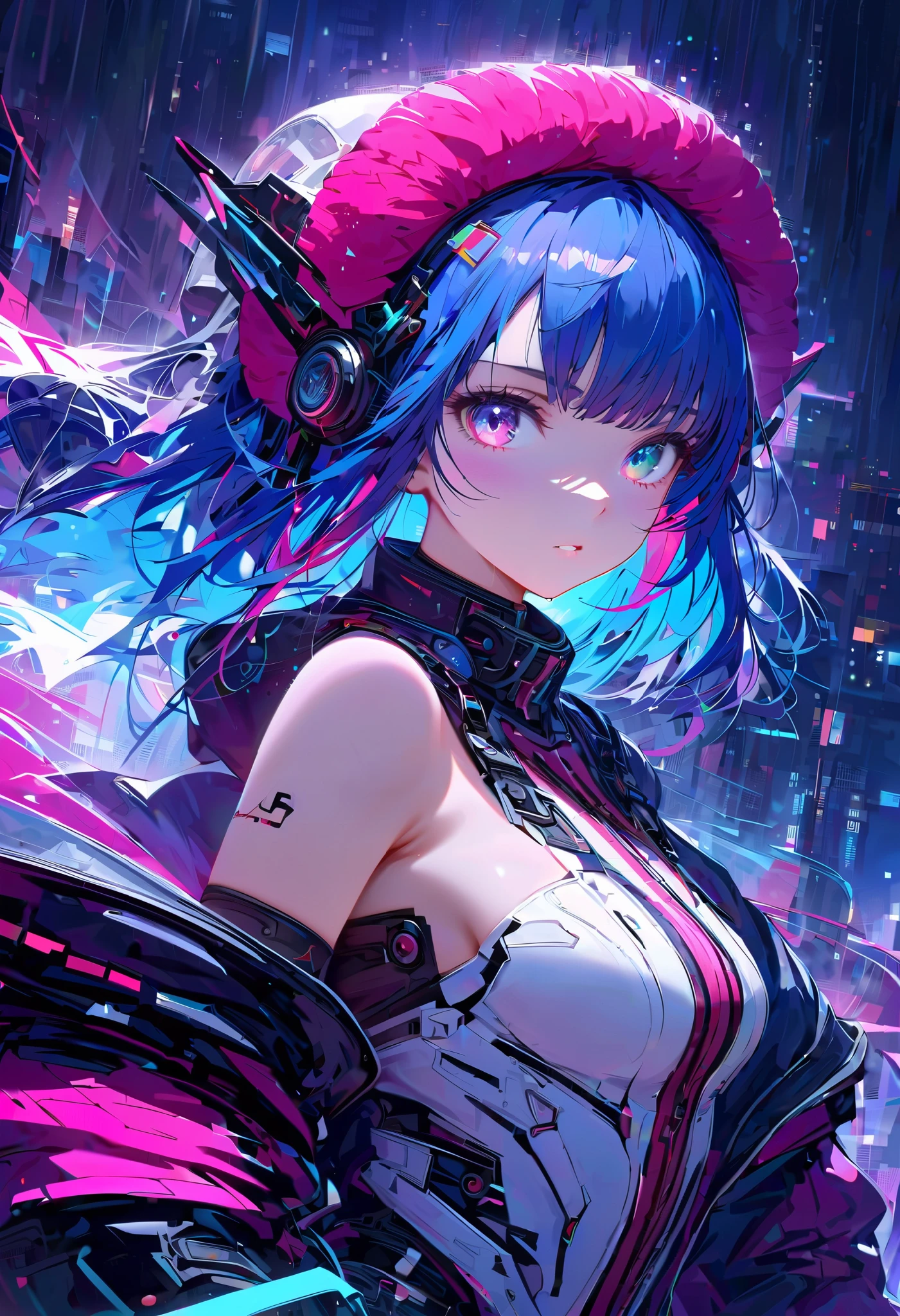 A young and very sexy and beautiful adult woman with large green eyes, long Blue hair and heavily inspired in cyberpunk art. Impeccably make up with red lipstick, dark eyeshadow accentuating her bright eyes. She's dressed in an open jacket that's slightly oversized, wearing a top covering her ample bosom. Sporting large, colorful headphones, she giving a side look tô the camera. The background is a vibrant water like setting with various multicolored light effects. Cinematic light, she is happy and enjoyng it