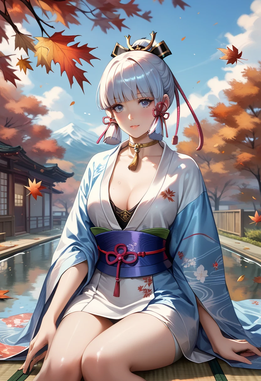 1girl, kamisato ayaka, alternate costume, kimono, sitting, day, sky, autumn leaves, water, reflection, tatami, general, seiza
