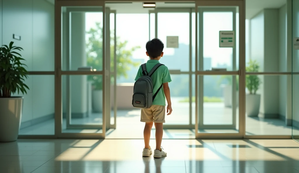 Teen boy standing outside the classroom who came late