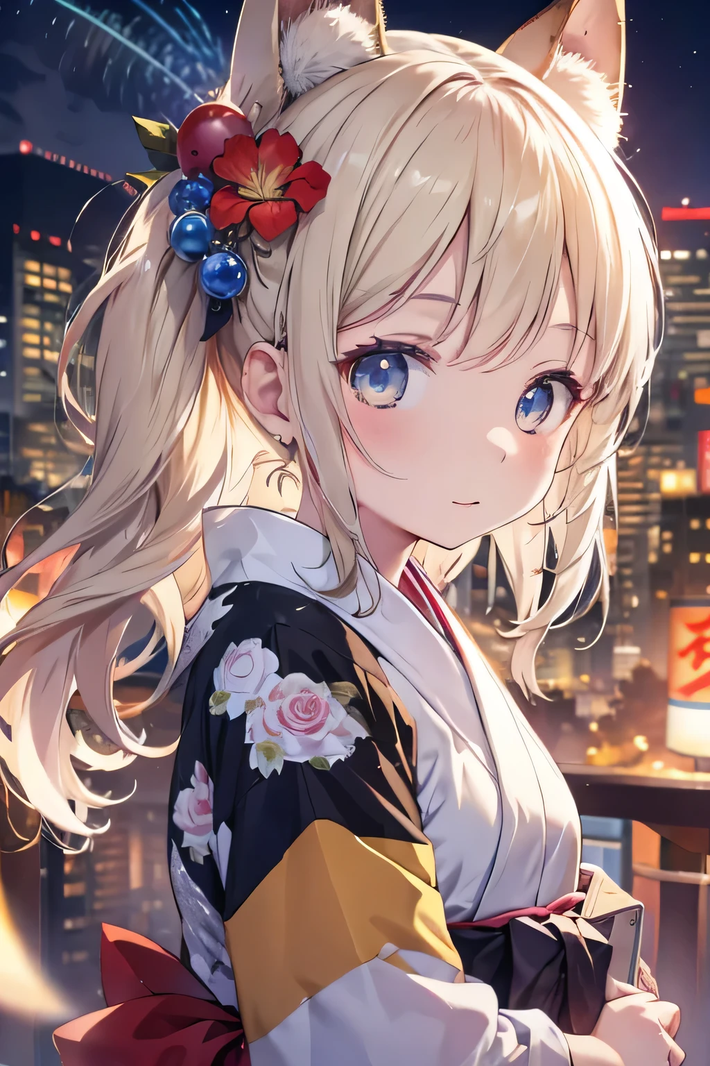 smaller、 one girl , Blonde、Long twin-tail hair, Sensual smile, Green Eyes,Small breasts , Viewers, Wearing a yukata, Put the mask of a 、 turn around、firework 、(Mount Fuji summit), (Late Night),Late Night , masterpiece, 8k, full light, Perfect outfit, perfect anatomy, Perfect Eyes, perfect face, Sharp resolution, ( cowboy shots)