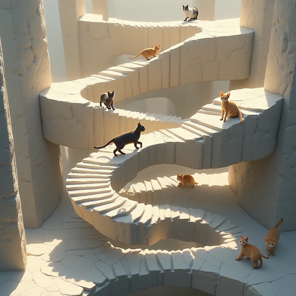 Penrose stairs made of very realistic stone, with cute cats happily walking on them, simple background