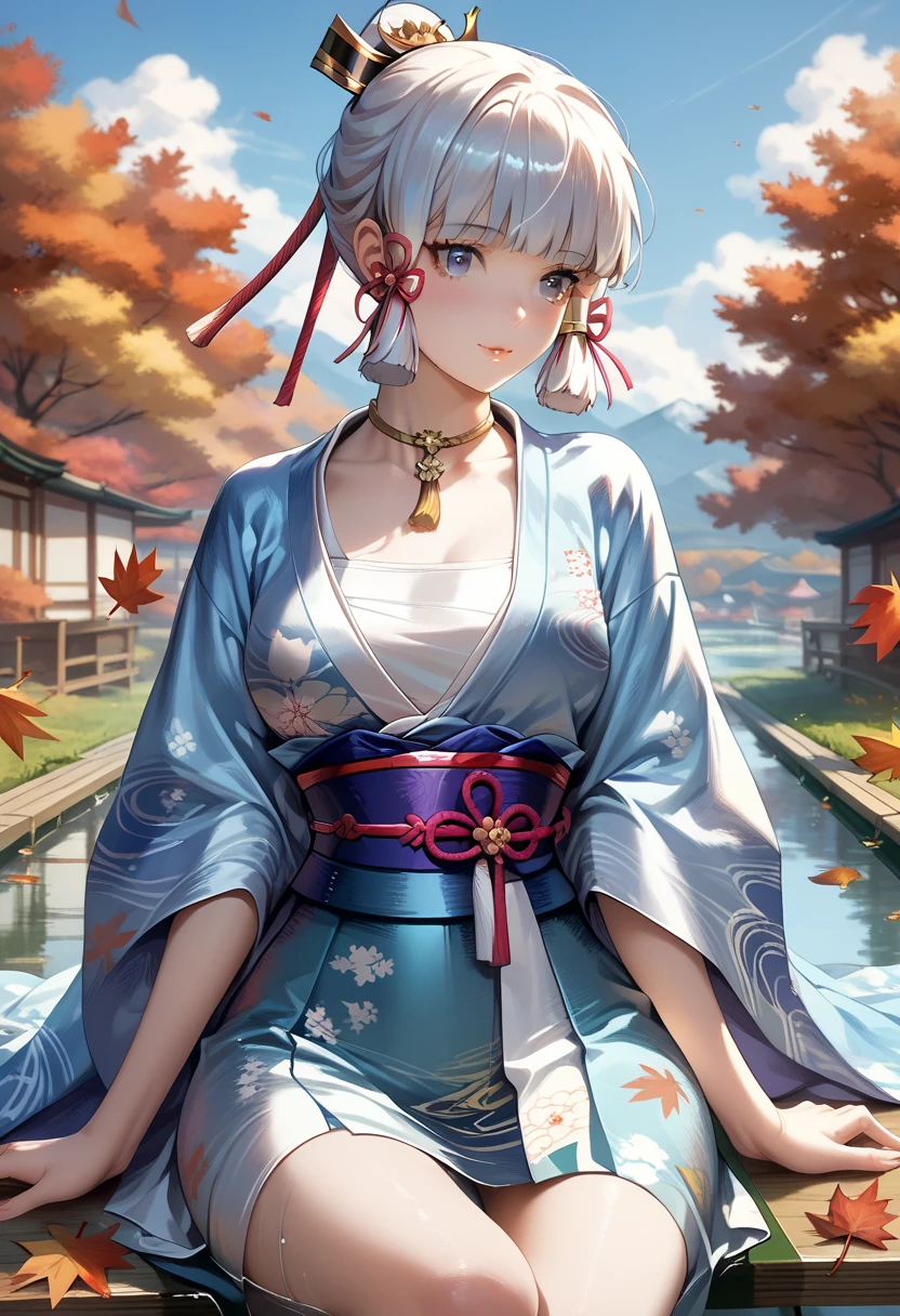 1girl, kamisato ayaka, alternate costume, kimono, sitting, day, sky, autumn leaves, water, reflection, tatami, general, seiza
