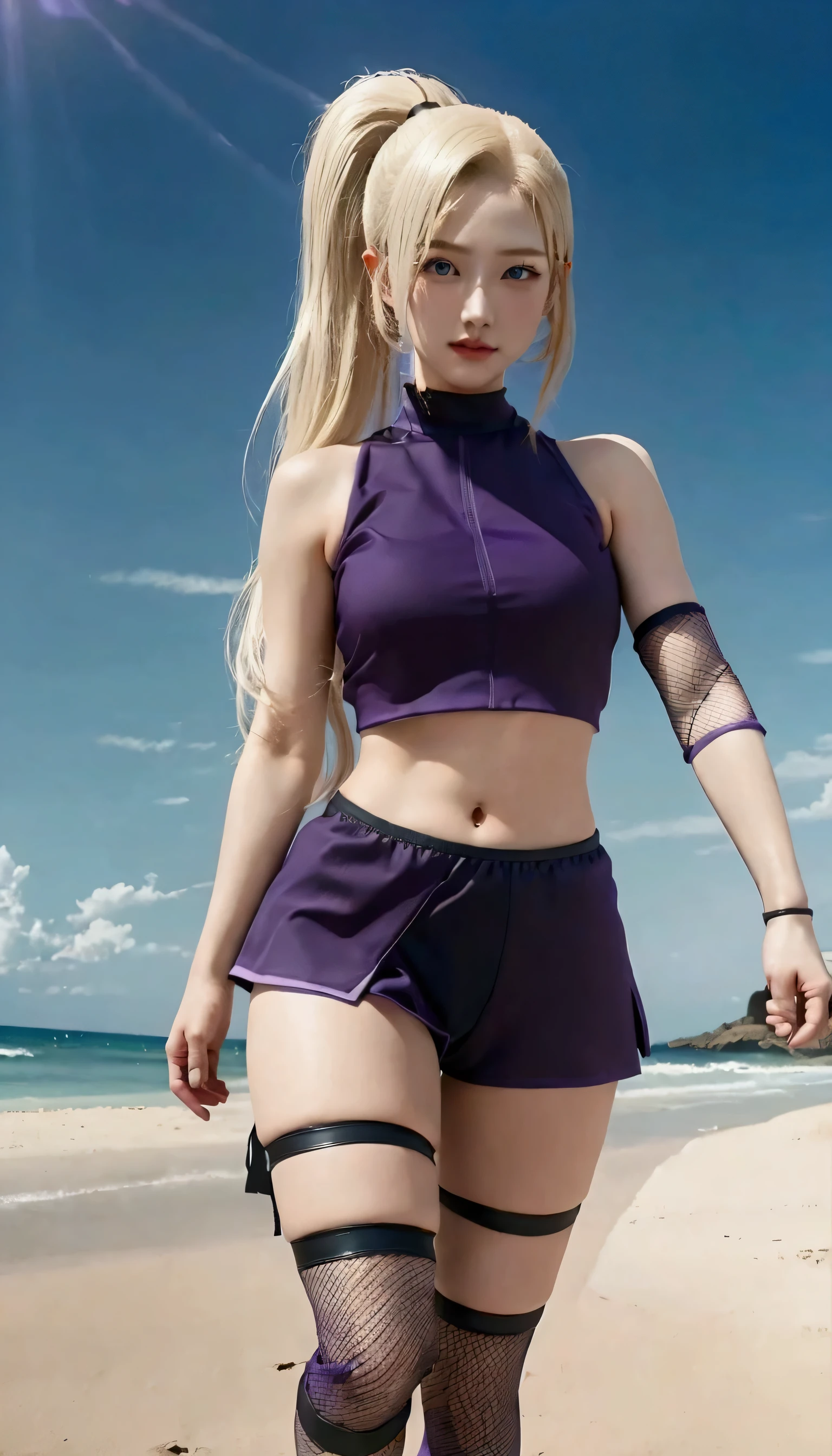 a woman in a purple top and black shorts on a beach, inspired by INO, as a character in tekken, android 18, from ff7, tifa, tifa lockhart, perfectly shaded body, from final fantasy, tsunade from naruto, character from king of fighters, girl cosplay, photorealistic girl render, blonde goddess, sexy outfit, realistic 