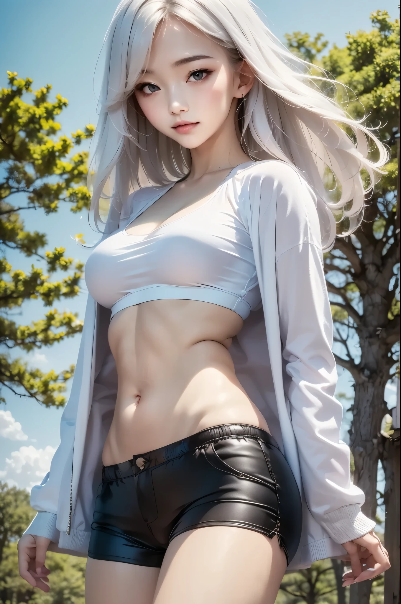 masterpiece, (highest quality: 1.2), (super fine: 1.2), figure, (very delicate and beautiful: 1.2), film angle, floating, (beautiful detail eyes: 1.1), (detail light: 1.1), film light, delicate sky,2.8D illustration, 1girl, medium breasts, white hair, long hair, beautiful, forest, tree, tree house, sky, noon, sunlight, black sportswear, jacket, short pants. face:sweet girl
