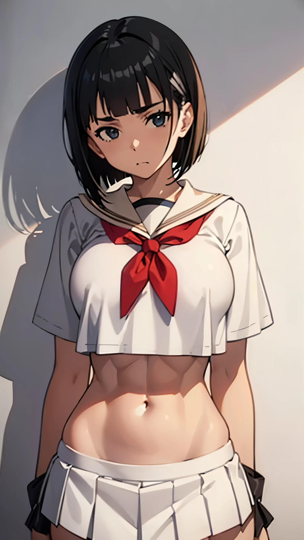 hentai,EFT_Sao_Sis,black bob cut,straight bang,((short sleeved croptop white sailor suit,low-rise micro pleated skirt)),big breasts,(toned body:1.8),six pack:0.5