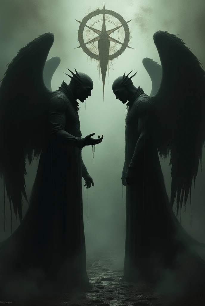 Two angels with black faces and fiery eyes, their bodies should be black without wings above the grave
