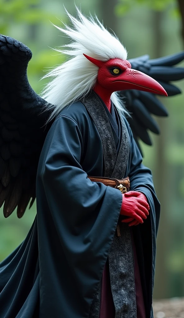 Tengu yokai, red face, distinctive long nose, black crow wings - SeaArt AI