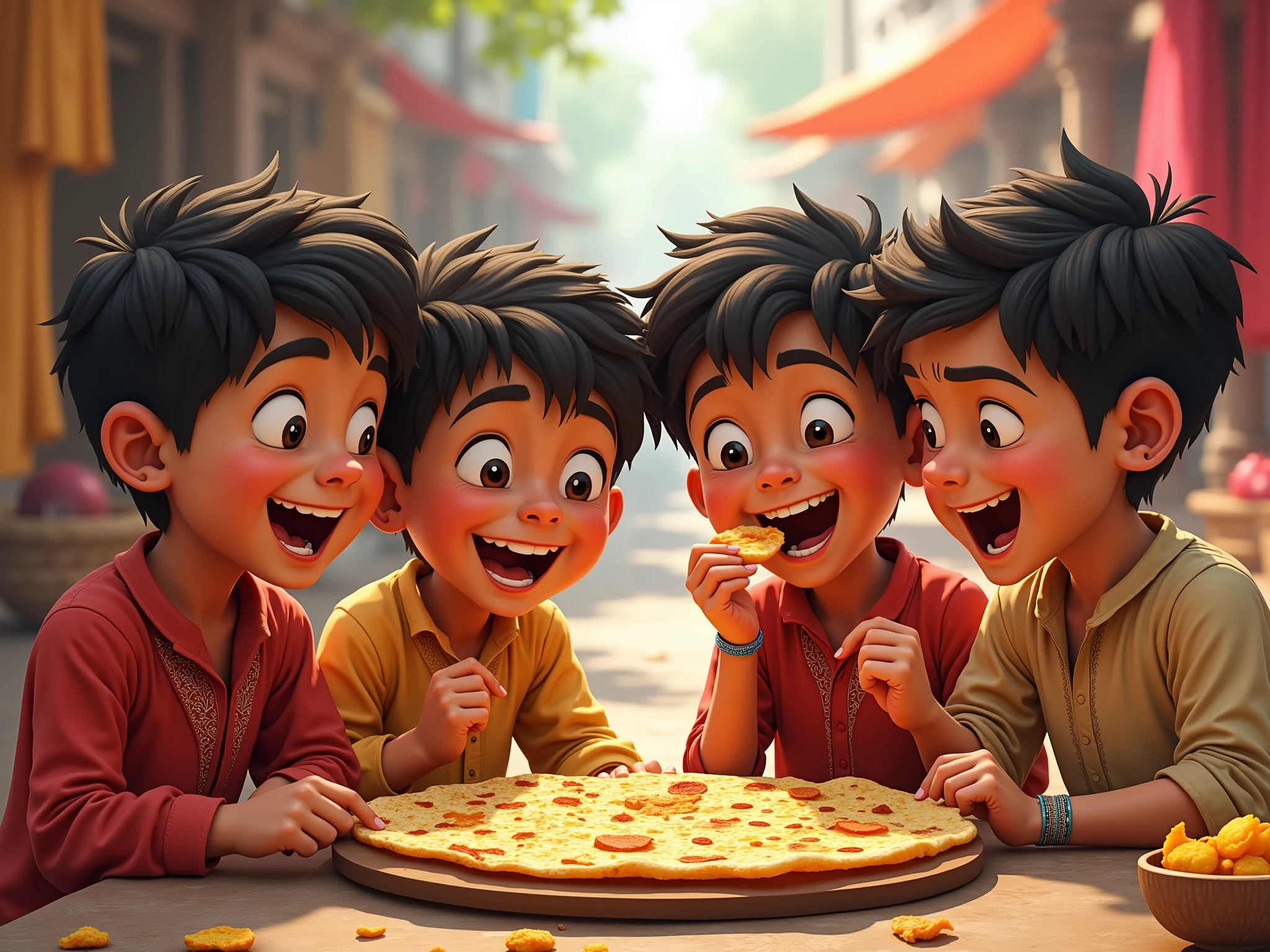 make a picture where 3 friends are together eating pizza. the first friend is white, has straight black hair and is wearing a shirt that says SR. GUILUS, the second friend has black wavy hair, He is muscular and is wearing a shirt that says SR. JAMES, the last friend is black, thin with short curly hair and wearing a shirt that says SR. CHAMOMILE
