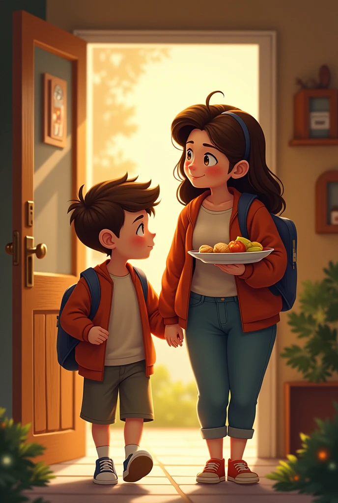 A 1 boy wearing a Thai school uniform holds hands with his mother, a 40-year-old woman wearing a gas station employee uniform who is holding a bag of food. Image size MS.