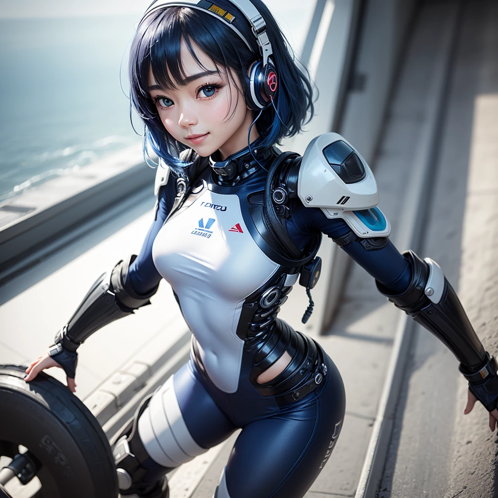 (masterpiece, highest quality, highest resolution, distinct_image, detailed details): (Solo, lone girl, face is Japan person, short cut, blue-haired girl, full body figure, (perfect body: 1.4), sparkly blue color eyes, pilot suit in white and blue color, tight fit clothes, clothes covering the whole body, very delicate and beautiful, detailed skin, slim body, exoskeleton, Gentle smile, heroine, headset, boots)