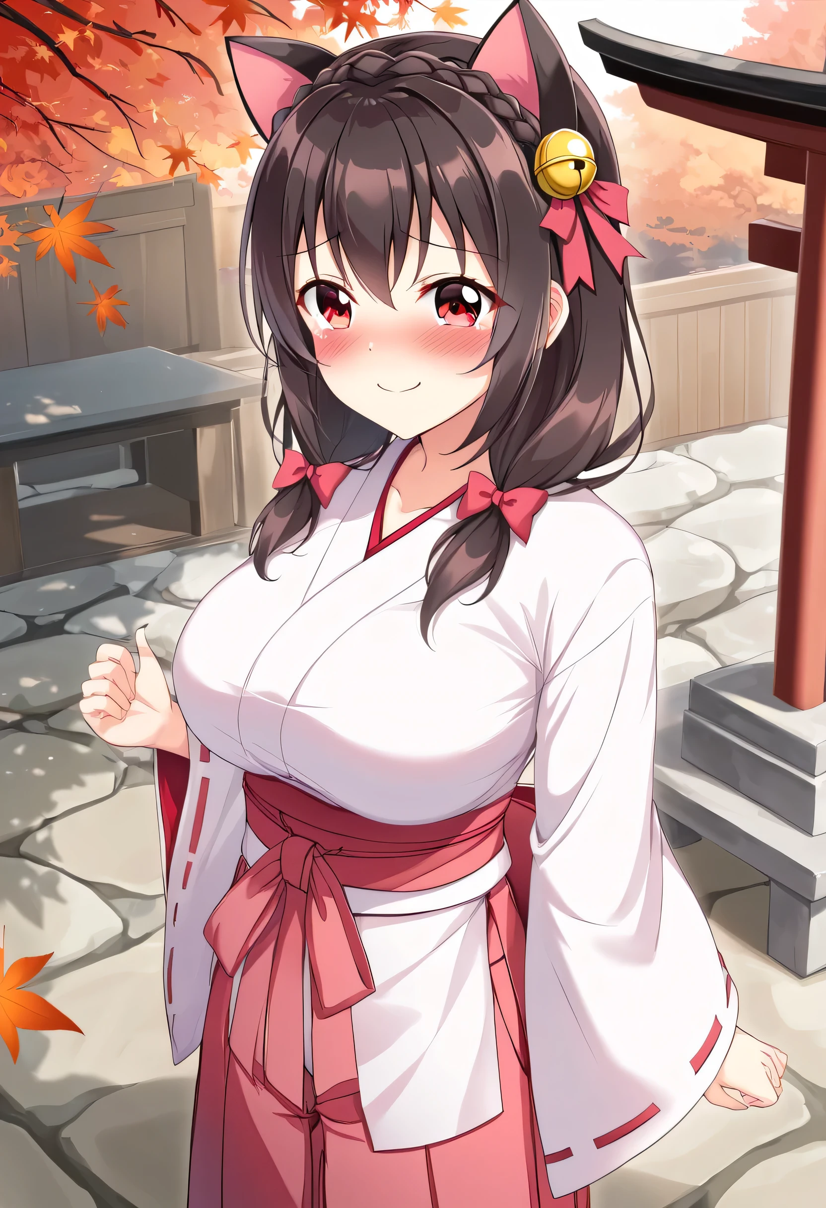 yunyun、masterpiece, best quality, Hi-Res,one person, Yunyun、My name is Yunyun, crown braid in the same color as the hair, black hair、Red eyes、 hair accessory with a bell , hair bow, ( white and pink shrine maiden costume 、Hakama is a red )、She has big breasts、(blush)、autumn leaves、(shrine:1.2)、Standing、( embarrassed smile:1.4)、blush、View the viewer、( slouching forward:1.3)、(Cat ears)、(Looking up)