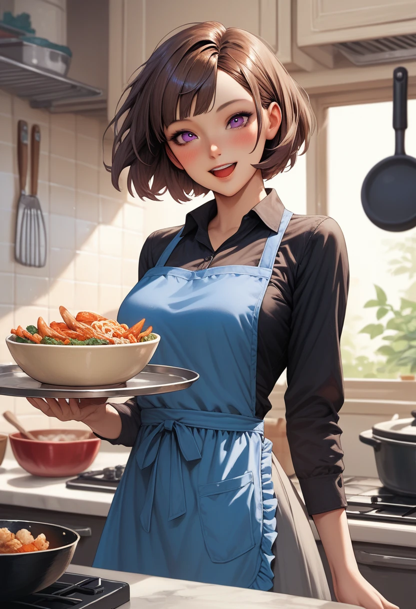 1girl,original, general, indoors, kitchen, head tilt, black shirt, blue apron, tray, bowl, collared shirt, smile, purple eyes, shirt, very short hair, looking at viewer, short hair, solo, grey skirt, apron, skirt, short bangs, brown hair, holding, upper teeth only, open mouth, teeth, holding tray, standing, cowboy shot, long sleeves, blurry, frying pan, blush
