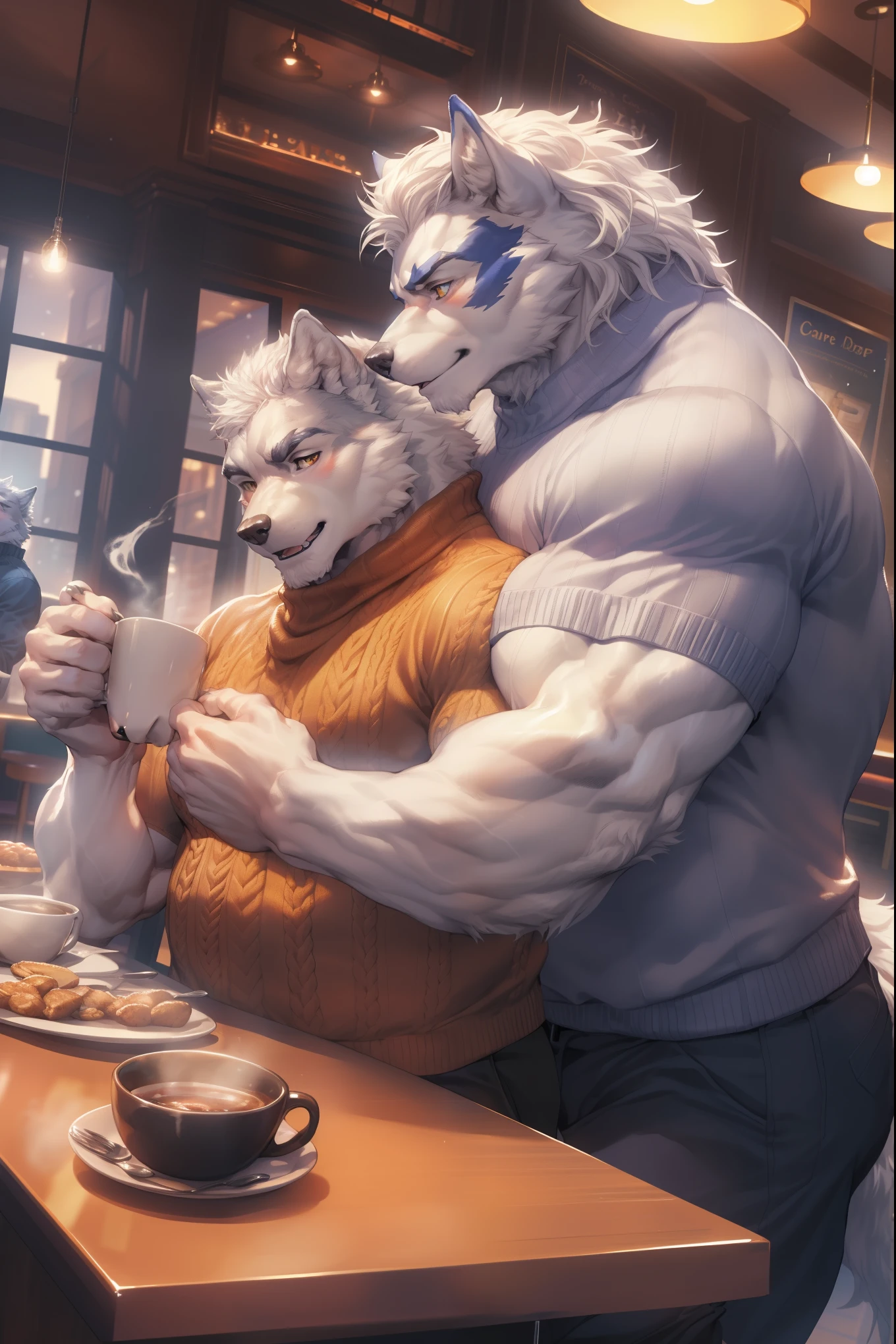 Masterpiece, Duo, Furry Light Blue Wolf, Light Blue Fur,Dark Blue Eyes, His Duo Dragon Red Fur , Bulking Body, Dad bod body, Cool Pose, Charming, Handsome, naked , wearing cap, Milk from tits , cum everywhere