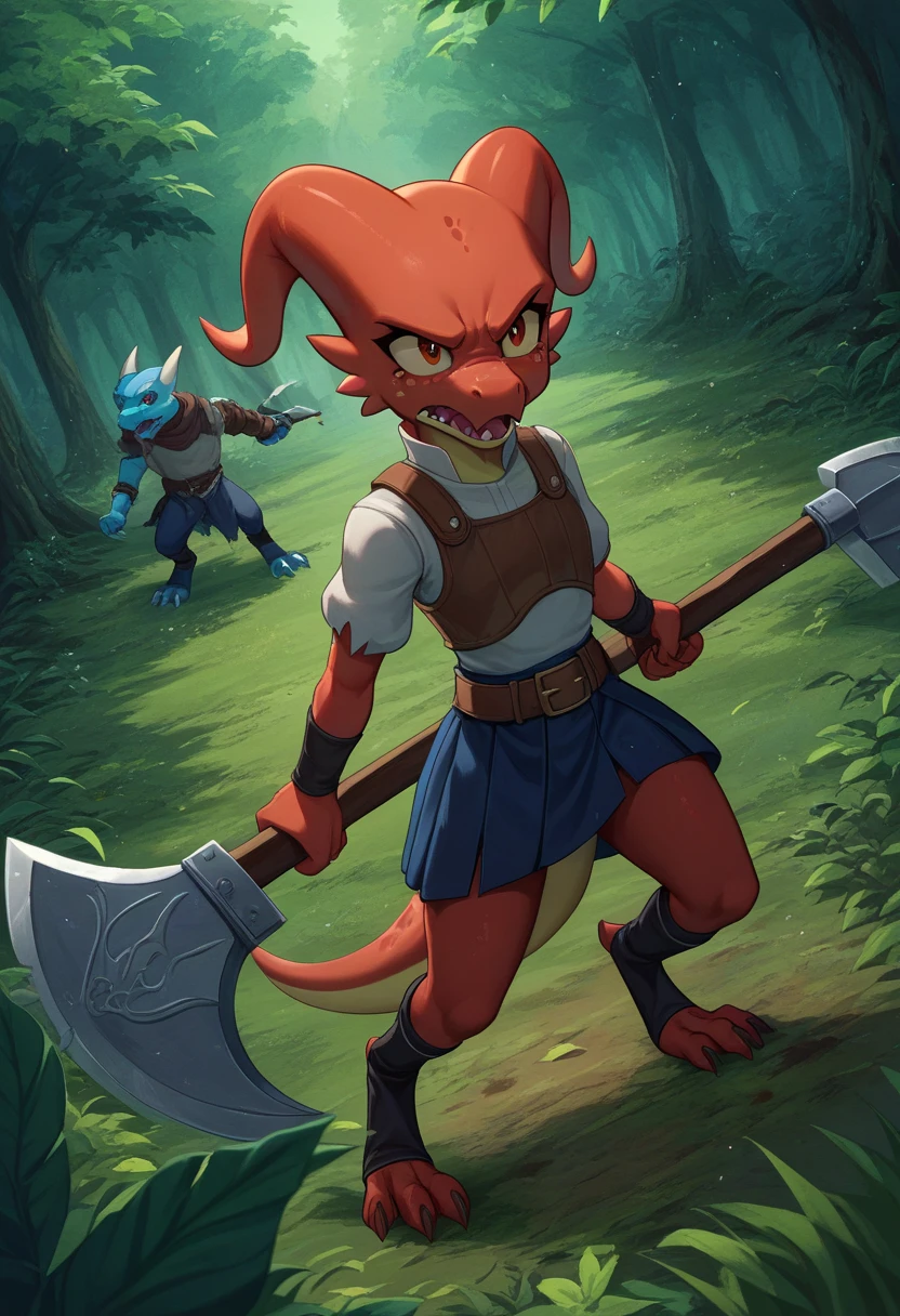 kobold anthro, pixelsketcher, female kobold anthro, by eiprel, highdetail, by lnnncore, medieval armor, sitting around campfire, night, forest background, vibrant colors, glossy, diffuse glow,