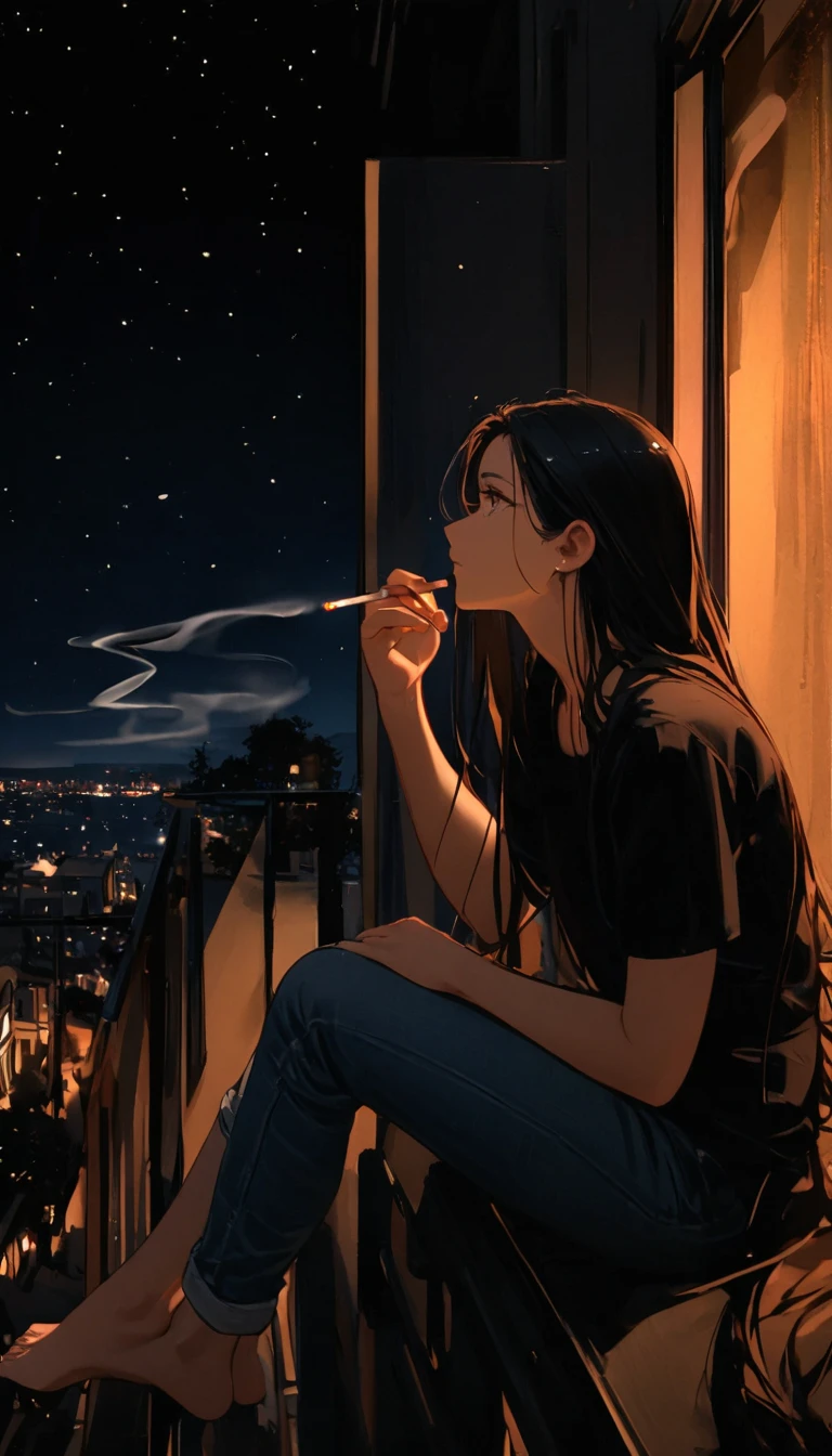 A woman holding a cigarette is gazing into the distance, Black Hair, Long Hair, The tip of the cigarette is red and smoking, Late at night, I&#39;m leaning my elbows on the balcony and looking at the stars, Wearing a tight black T-shirt and jeans, barefoot, I can see that the light in the room is leaking out a little., Unusual face, Handsome, sideshot, 30 years old, 