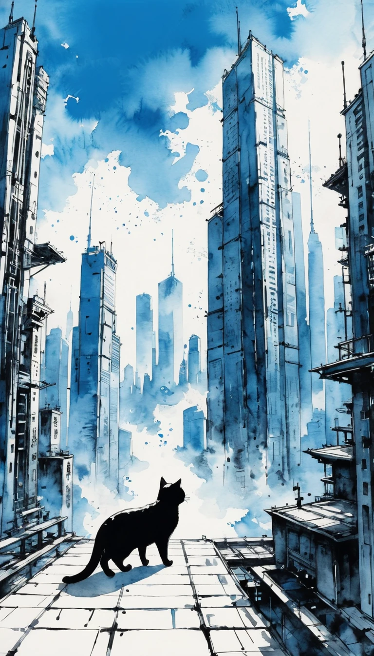 日本のInk Painting, Ink Painting, Ink Painting, 日本のInk Painting,  skyscrapers , Metropolis,  Cyberpunk ,cat, blue sky