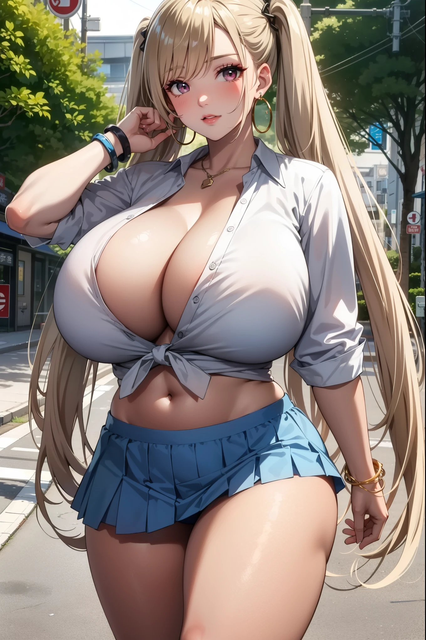 ((bimbo)), 1milf, wide hips, outdoors, Tokyo street, perfect face, perfect eyes, perfect skin, thick thighs, looking at viewer, seductive face, cowboy shot, standing, gyaru, ((((gigantic breasts)))), solo, long silky blonde hair, white tied shirt, cleavage, kogal, dark skin, blue pleated skirt, dark-skinned female, navel, large breasts, blush, pink eyes, navel, large hoop earrings, sexy pose, bracelets, jewelry, twintails 