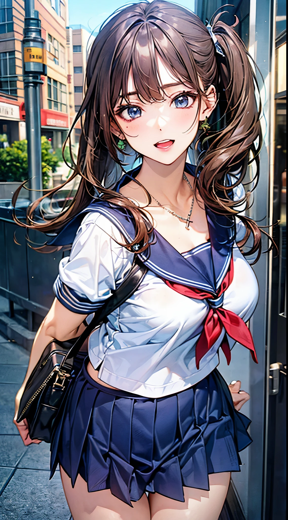 (masterpiece:1.2, Highest quality, Ultra-high resolution, Super detailed), (Realistic, photoRealistic:1.2), Beautiful illustrations, Perfect lighting, Natural light, colorful, Depth of written boundary, Browsing Caution, Vulgarity,
Beautiful detailed hair, Highly detailed face, Beautiful attention to detail, Beautiful clavicle, Beautiful body, Beautiful breasts, Beautiful thighs, Beautiful feet, Beautiful fingers,
View your viewers, 1 girl, kitamurakaori, (Perfect Anatomy, Anatomically correct, Highly detailed skin), Cute and symmetrical face,
Perfect Face, Perfect Eyes, Perfect body, Perfect Fingers, (Skin Dentition), White skin, Glowing Skin,
(Long Hair, Straight hair, Messy Hair:0.6, Black Hair), Swept-apart bangs, blue eyes, Droopy eyes, Long eyelashes, (Large Breasts, Big Hips, Captivating thighs), thin, Excellent style,
(Detailed cloth texture), Short sleeve, Blue Sailor Suit, Pleated skirt, Red Sailor Scarf, School Bugs,
(Beautiful views), evening, (classroom:1.2), walk, (smile, Lips parted),
