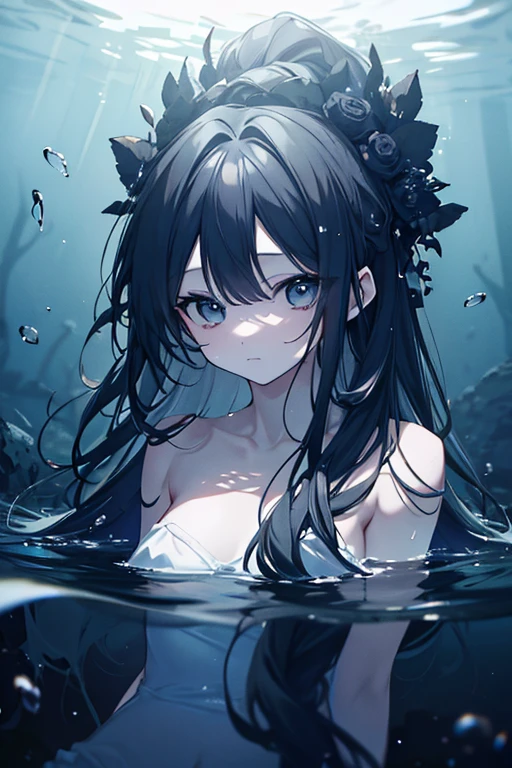 (masterpiece,highest quality,Super detailed),1 girl, black hair,beautiful and detailed face, fine eyes,looking at the viewer, multicolored eyes,((gray theme),white skin, shining eyes ,Ocean,((night)),dark environment,(underwater),(((in a forest underwater))),jellyfish