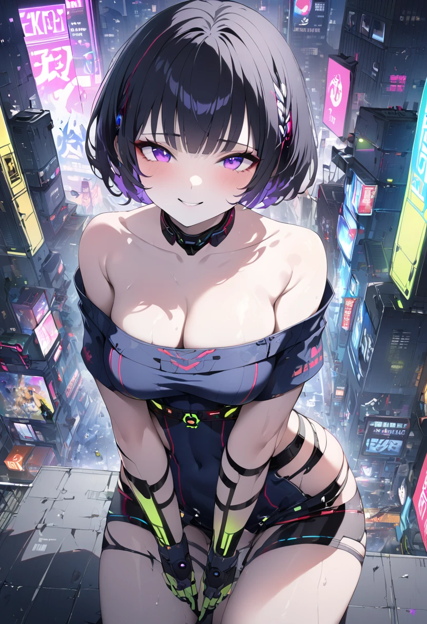 1 shortcut girl, Bust Up Angle, natta, On top of the building, neons, Vivid Color, huge tit