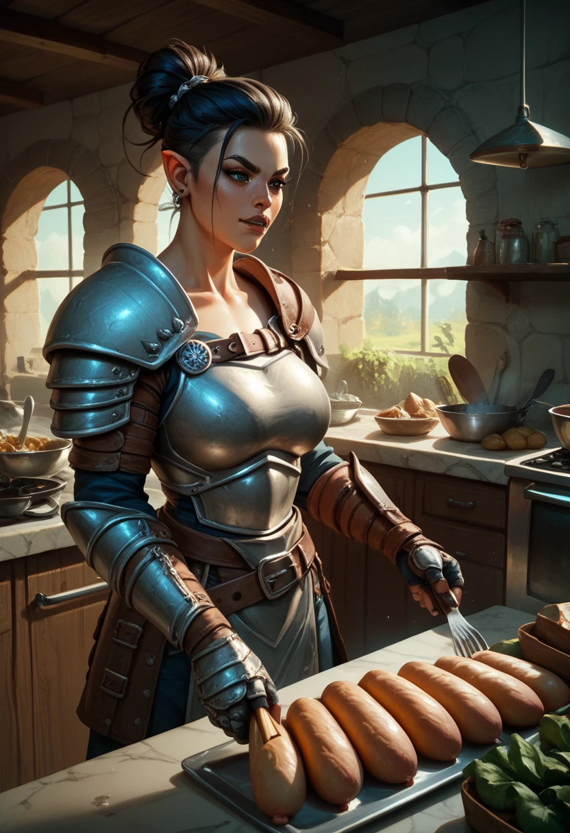  an incredible orc woman fighting in armor,standing in the kitchen peeling potatoes  ,cool style , maximum details 