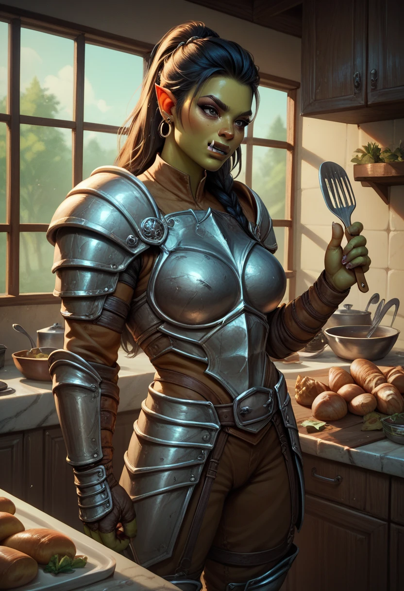  an incredible orc woman fighting in armor,standing in the kitchen peeling potatoes  ,cool style , maximum details 