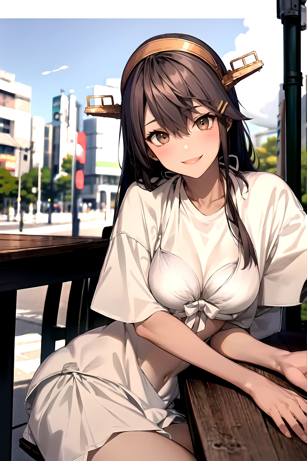 masterpiece, best quality, highres, hmharuna, headgear, hair ornament, hairclip,  outdoors, , smile quality,8k,detailed,F cup bust、Big Breasts、Slim and beautiful arms、Slim body、Very white beautiful skin、((((1 person、smile、Thin white bikini、White shirt、smile、sit、In the background are the urban buildings of Tokyo、Outdoor café terrace、Drink juice、Cheek resting on hand、coastal、table、looking at the camera、Shooting from an angle、Very cute face、Shooting from a distance、))))、Sexy pose、Very blue sky、A completely cloudless sky、She tilted her head slightly、The atmosphere is bright and lively、The woman is at the center of the image。,wbikini