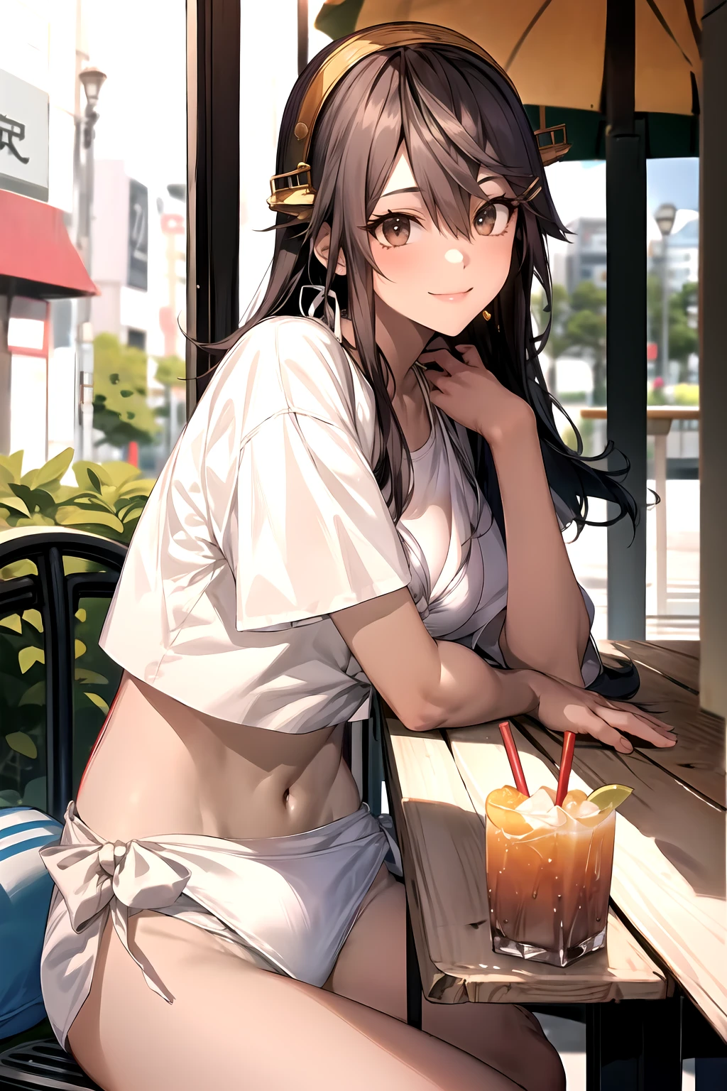 masterpiece, best quality, highres, hmharuna, headgear, hair ornament, hairclip,  outdoors, , smile quality,8k,detailed,F cup bust、Big Breasts、Slim and beautiful arms、Slim body、Very white beautiful skin、((((1 person、smile、Thin white bikini、White shirt、smile、sit、In the background are the urban buildings of Tokyo、Outdoor café terrace、Drink juice、Cheek resting on hand、coastal、table、looking at the camera、Shooting from an angle、Very cute face、Shooting from a distance、))))、Sexy pose、Very blue sky、A completely cloudless sky、She tilted her head slightly、The atmosphere is bright and lively、The woman is at the center of the image。,wbikini