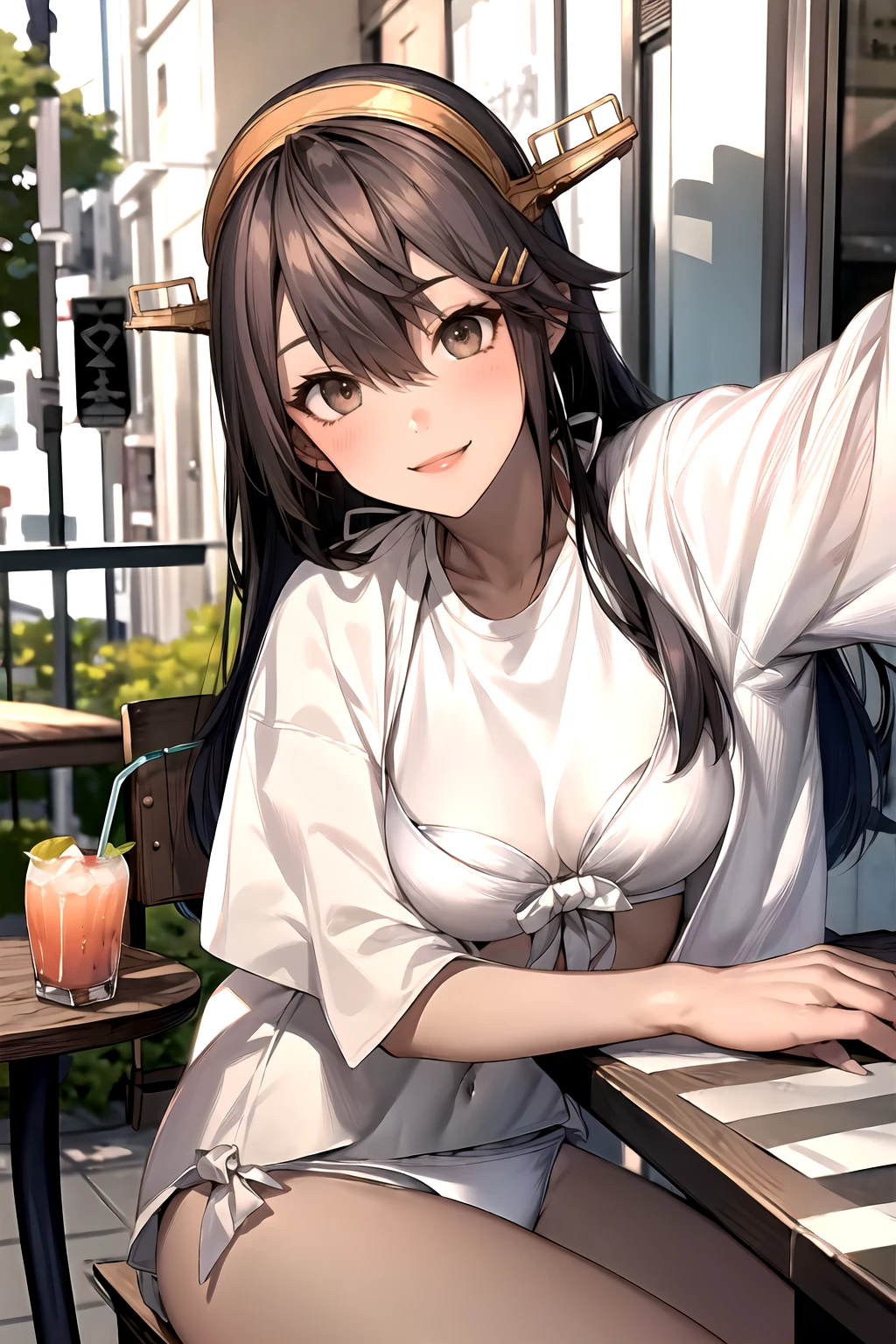 masterpiece, best quality, highres, hmharuna, headgear, hair ornament, hairclip,  outdoors, , smile quality,8k,detailed,F cup bust、Big Breasts、Slim and beautiful arms、Slim body、Very white beautiful skin、((((1 person、smile、Thin white bikini、White shirt、smile、sit、In the background are the urban buildings of Tokyo、Outdoor café terrace、Drink juice、Cheek resting on hand、coastal、table、looking at the camera、Shooting from an angle、Very cute face、Shooting from a distance、))))、Sexy pose、Very blue sky、A completely cloudless sky、She tilted her head slightly、The atmosphere is bright and lively、The woman is at the center of the image。,wbikini