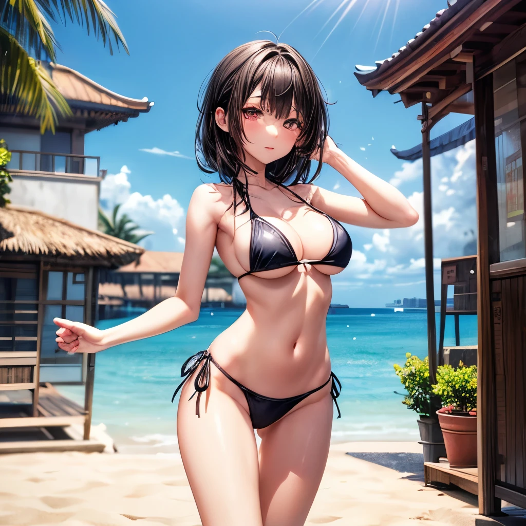 NSFW, (((Uncensored))), (((Clear picture))). high image quality, high resolution, 18 year old beautiful girl、shiny black hair、Hime cut、Brown eyes, dark eyebrows, J-cup huge breasts、172cm tall、tightened waist,、red bikini, sexy pose, Sandy Beach、Blue sky