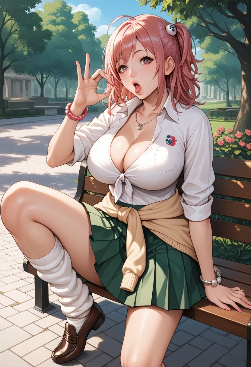  score_9,  score_8_up,  score_7_up,  score_6_up, sauce_Anime, (Honoka\(prayer\)), Improve,  nasty_Clothes, sitting On the bench, (knee up),  cowboy shooting,  fellatio gesture, heart,  1 girl, Alone,  Viewers, ,  open lips, Improve,  front tie top,  Pleated Skirts,   green skirt ,   white leg warmers  ,   loose socks,  Loafers, Clothes around waist,  Bracelets, Curvy, voluptuous,  big breasts at the temple,  clevis, abdomen, Outdoor, Park, On the bench, day, tree,