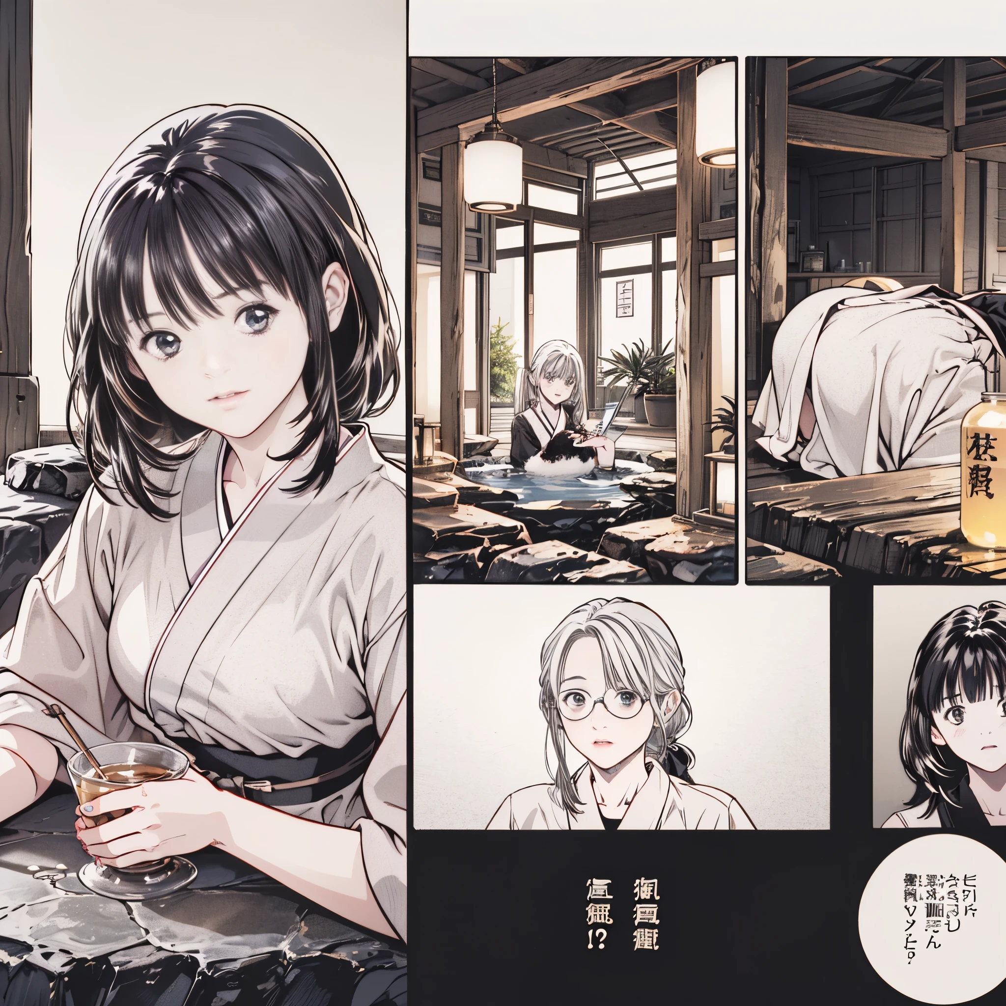 ((8k、Realistic、 RAW photo、 best quality: 1.3)、(real skin),beautiful expression、 ultra high resolution、 Beautiful Girl、 soft、 slender body sitting in a rock bath ,Curvy , beautiful詳細な顔,( one girl ,長い silver hair, ponytails,Glasses ),beautiful、魅力的で非Realistic,Honey, anime girl,Pixiv, Fascinating anime girl, mischief, mischief anime style, Iori, 大きい softおっぱい ,Honey, おNew Year、 has feathers , realistic portrait , silver hair , kimono ,((Wearing glasses))、background:shrine、New Year、New Year、snake、