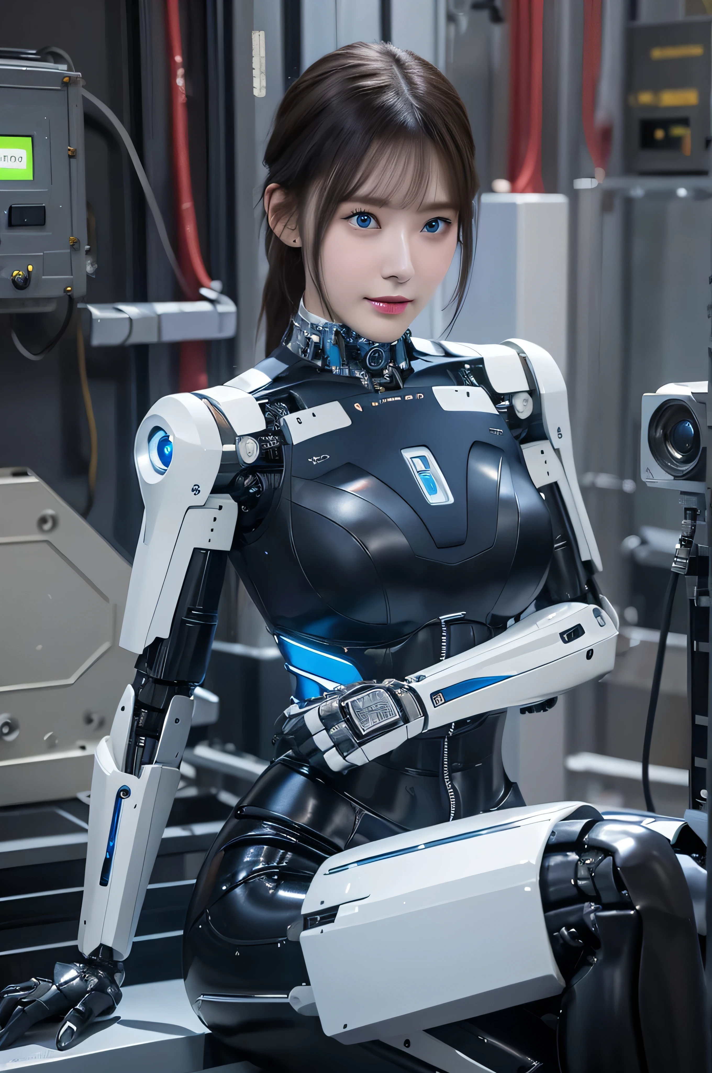 masterpiece, best quality, extremely detailed,8k portrait,Japaese android girl,Plump , control panels,android,Droid,Mechanical Hand, Robot arms and legs, Black hair,Blunt bangs,perfect robot girl,long tube,thick cable connected her neck,android,robot,humanoid,cyborg,japanese cyborg girl ,robot-assembly plant,She has assembled now,assembly scene,white robot body,blue eyes, masutepiece, Best Quality, Illustration, Ultra-detailed, finely detail, hight resolution, 8K Wallpaper, Perfect dynamic composition, Beautiful detailed cyan colored eyes, suits,Medium Hair,  Natural Color Lip, Random and sexy poses,Smile,‎Classroom、20 years girl、lifelike face、real looking skin、Realistic blue eyes、cute little, robotic neck, robotic arms and legs, deep blue eyes, career woman robot, robot girl, cyborg, control panels, control monitor in chest, 8K, RAW photos, Best quality, Masterpiece: 1.2),(best qualtiy，8K, Yes，32K，masterpiece，hyper HD：1.2) , Generate a highly detailed and realistic 4K description of a robot woman in a career suit, emphasizing every detail, from her attire to the surrounding environment, skinny body, perfect body, beautifull face, asian face, glowing skin, cyborg girl, deep blue eyes, android robot, mechanical details, japanese probot girl, robotic chest, add chest monitor, perfect blue eyes, control panels, korean android woman,perfect robot girl,long tube,thick cable connected her neck,android,robot,humanoid,cyborg, japanese cyborg girl , She is charging now,chest monitor