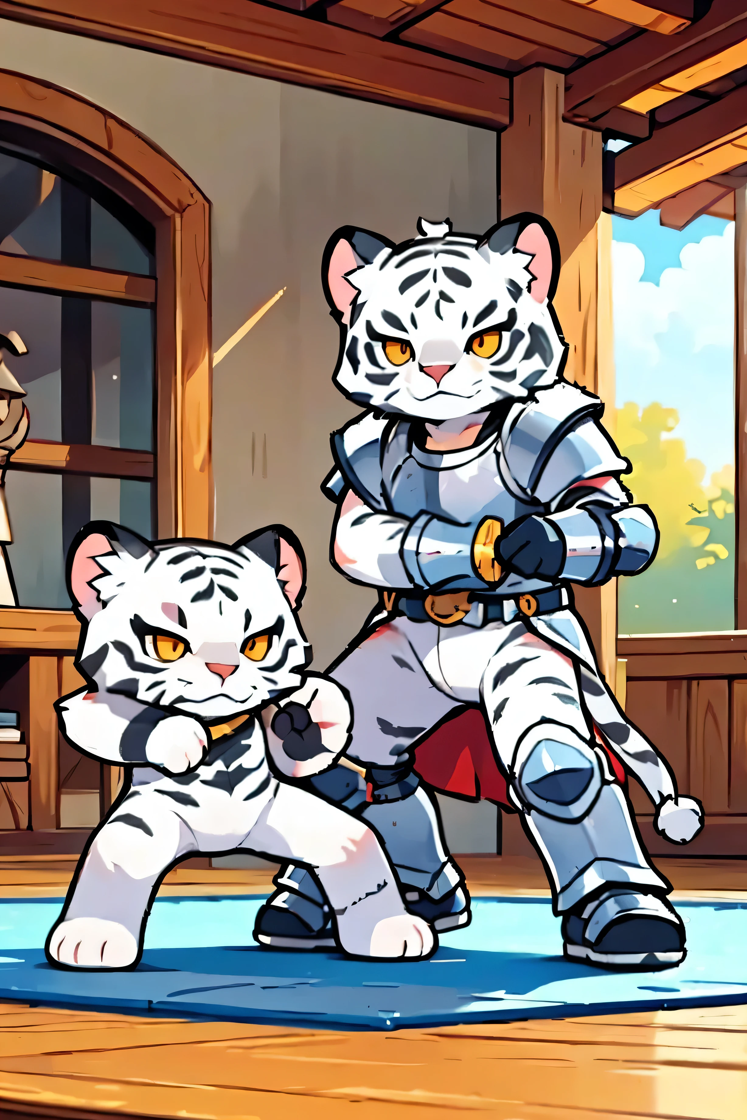  White tiger monster  ,  wearing medieval armor. Brutal impression , fighting stance, aggressive poses