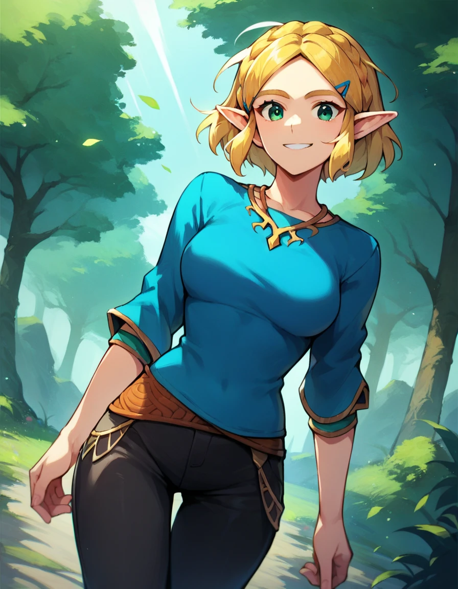 source_anime, best quality, clear face, 1girl, solo, Zelda, Totk, blonde hair, short hair, green eyes, medium breasts, outdoor, cowboy shot, looking at viewer, black pants, blue shirt, smile, dynamic angle