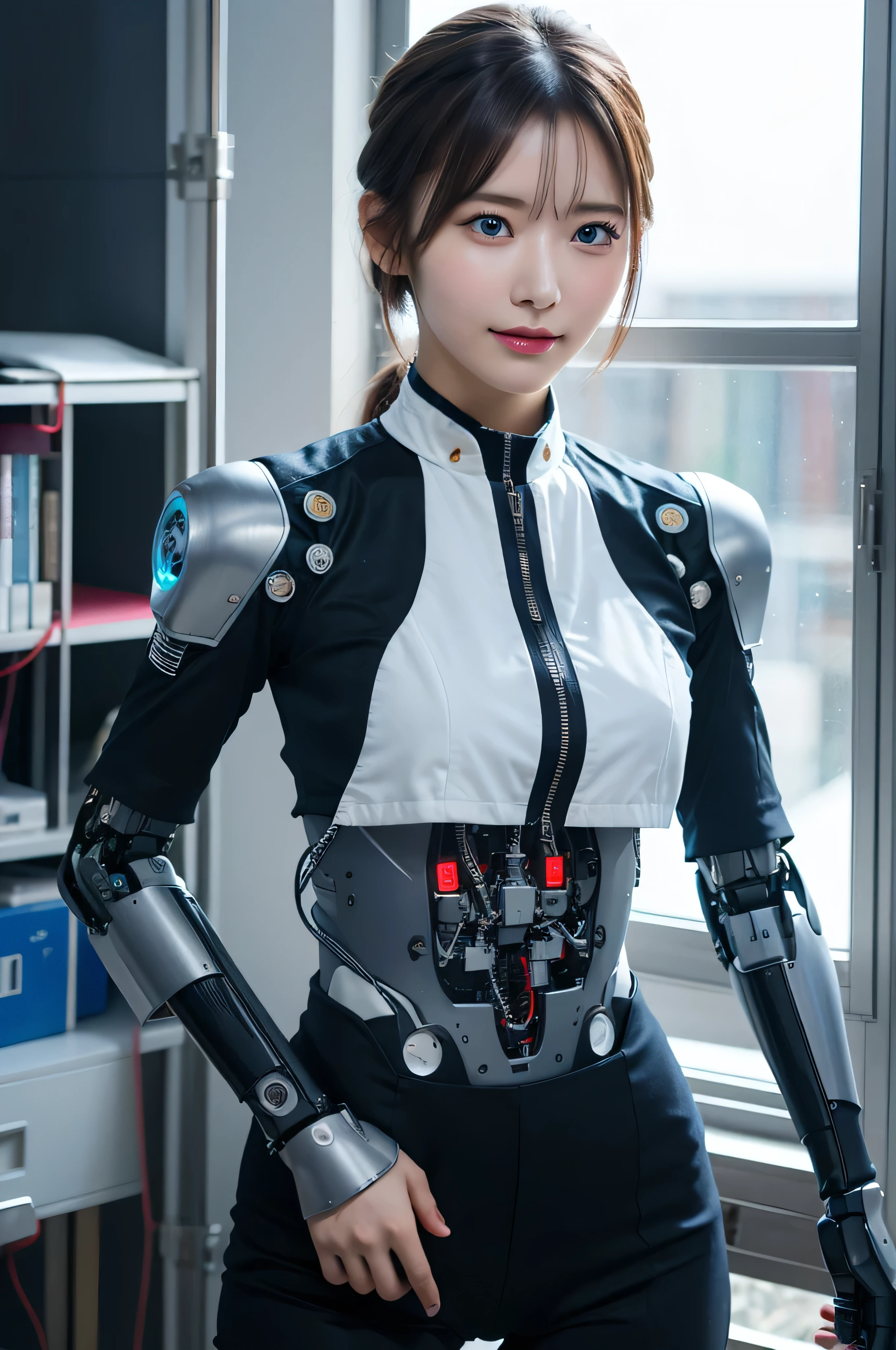 masterpiece, best quality, extremely detailed, Japaese android girl,Plump , control panels,android,Droid,Mechanical Hand, Robot arms and legs,Blunt bangs,long tube,thick cable connected her neck,（robot-assembly plant:1.4）,She is assembling now,（assembly scene:1.5）,blue eyesmasutepiece, Best Quality, Illustration, Ultra-detailed, finely detail, hight resolution, 8K Wallpaper, Perfect dynamic composition, Beautiful detailed cyan colored eyes, suits,Medium Hair,  Natural Color Lip, Random and sexy poses,Smile,‎Classroom、20 years girl、lifelike face、real looking skin、Realistic blue eyes、cute little, robotic neck, robotic arms and legs, deep blue eyes, career woman robot, robot girl, cyborg, control panels, control monitor in chest, 8K, RAW photos, Best quality, Masterpiece: 1.2),(best qualtiy，8K, Yes，32K，masterpiece，hyper HD：1.2) , Generate a highly detailed and realistic 4K description of a robot woman in a career suit, emphasizing every detail, from her attire to the surrounding environment, skinny body, perfect body, beautifull face, asian face, glowing skin, cyborg girl, deep blue eyes, android robot, mechanical details, korean robot girl, robotic chest, add chest monitor, perfect blue eyes, control panels, japanese android woman,perfect robot girl,long tube,thick cable connected her neck,android,robot,humanoid,cyborg, japanese cyborg girl , She is reprogramming now,chest monitor