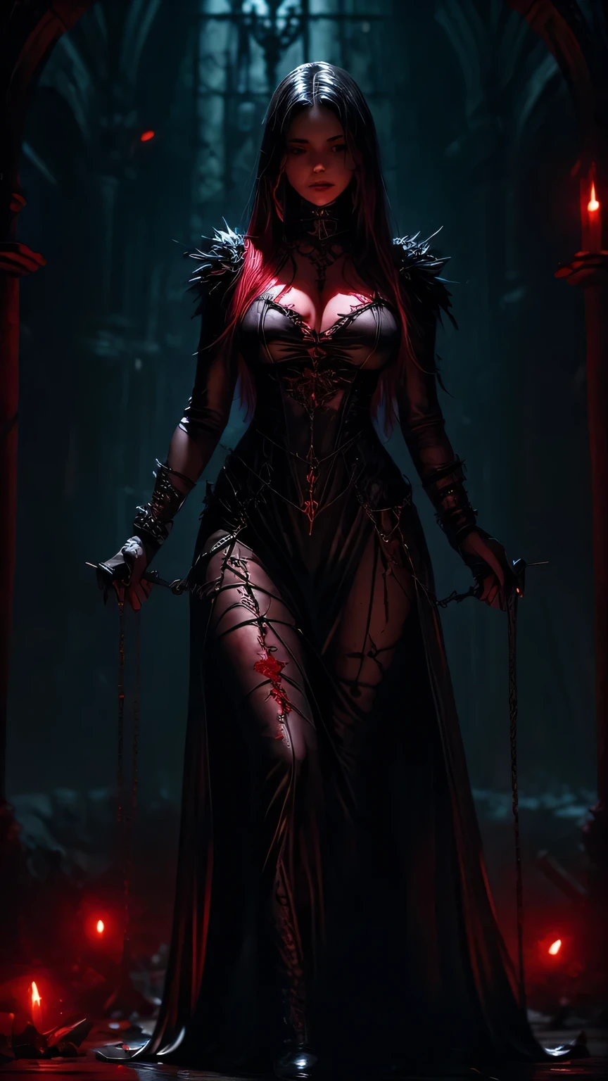 <lora:Drkpny:0.8>, drkpny, realistic, score_9, score_8_up, score_8, 1 girl, Standing in the room, a woman, beautiful, 25 years old, vampire, pale skin, from behind looking back, long red hair, black off-shoulder dress, spooky expression, evil weird smile, masterpiece, dynamic movement