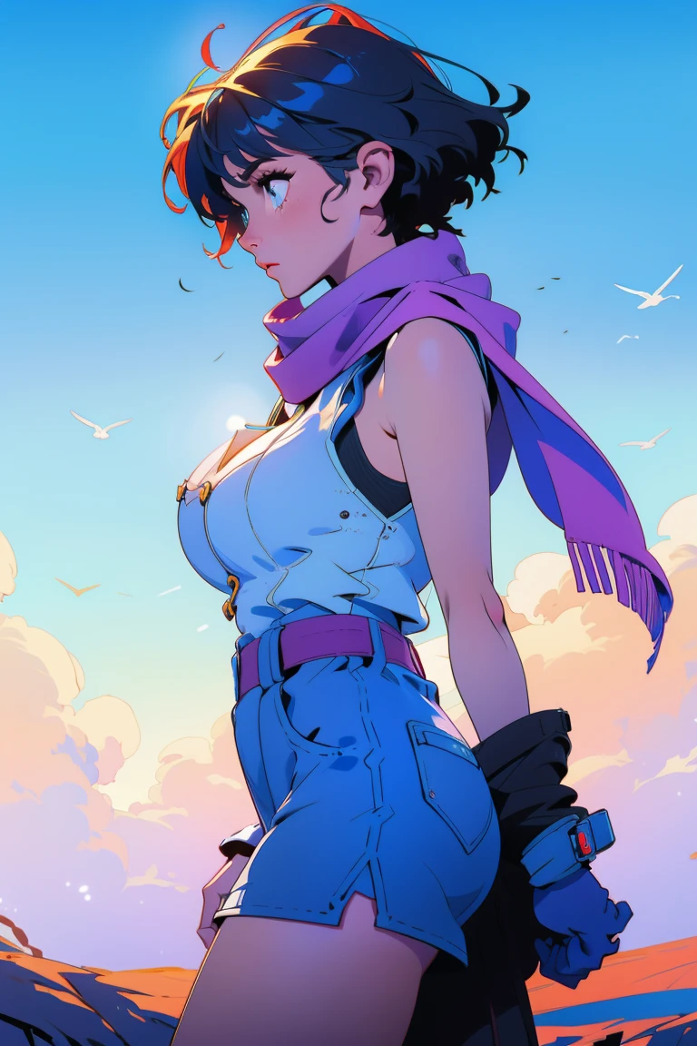 female 1 person、High image quality、 Hi-Res、 Very Big Breasts、Very big ass、scarf、 short hair、 sleeveless、 shorts, the wind is blowing 、flaty3ll0wblu3, glowing,cowboy shot,
