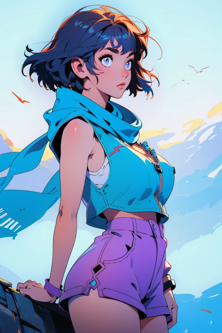 female 1 person、High image quality、 Hi-Res、 Very Big Breasts、Very big ass、scarf、 short hair、 sleeveless、 shorts, the wind is blowing 、flaty3ll0wblu3, glowing,cowboy shot,
