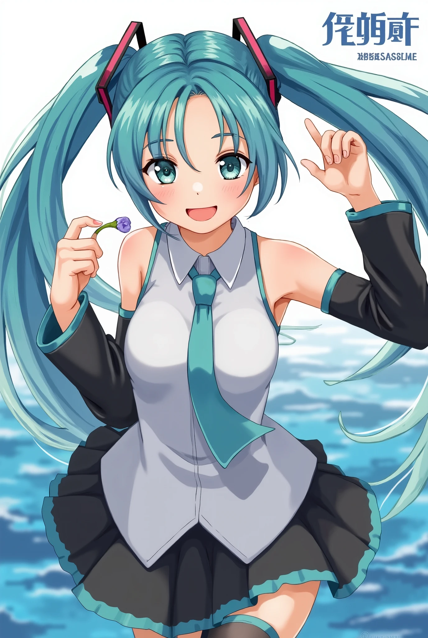 (masterpiece、 best quality、 best quality、 Official Art、 beautiful and beautiful :1.2)、( one girl :1.3) Hatsune Miku、 twin tails, Beautiful breasts, 1 girl, smile, ( vocaloid), (( Hatsune Miku)), ((Blue-green hair)), (Long Hair),  staring at viewers ,  volumetric lighting ,  dynamic poses