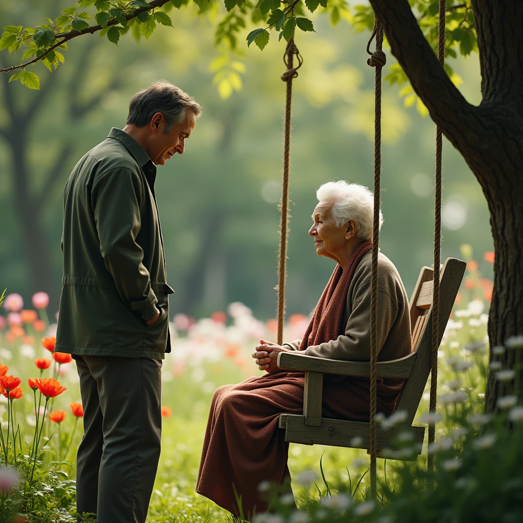 a young man helping an old woman that fell on the ground to stand up , in the park its raining