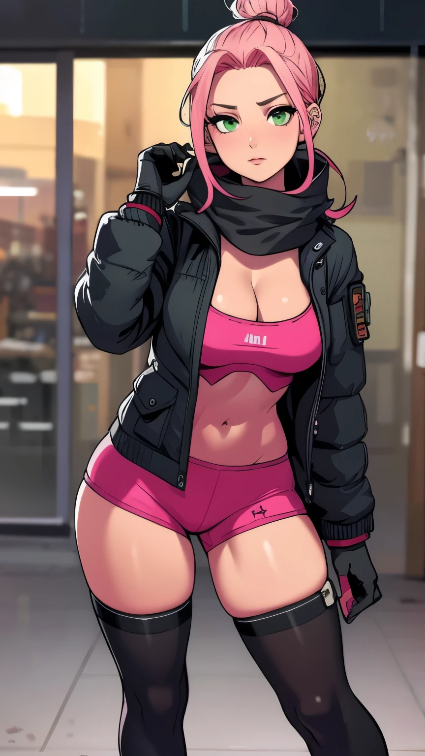 (1girl in:1.2), (Solo:1.2) 、nsfw、Shaders、perfect face、Ultra-detailed eyes、ultra-intricate pupil in eyes、top-quality、Full body standing picture、21 year old girl 、(fake horns, hoodie, red shorts, gloves, red boots) 、long hair, (pink hair:1.5), sadistic smile、 from below, open mouth, huge breasts, put your hands up, sensual pose,