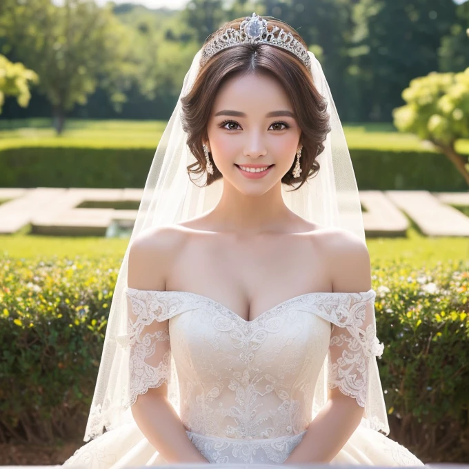 (kawaii face), (flat chest:1.2), happy smile, makeup, (Beautiful frills and lace cute wedding dress, bare shoulders:1.3), (tiaras, necklaces, earrings), Ultra High Definition, Superior Quality, Premier Quality, ultra detailed, Photorealistic, 8k, RAW Photos, highest quality, masterpiece, professional photography, Realistic portrait, Beautiful detailed, Close up portrait of girl, (chapel, stained glass), flower decoration, beautiful bride pictures, (Fine face:1.2),