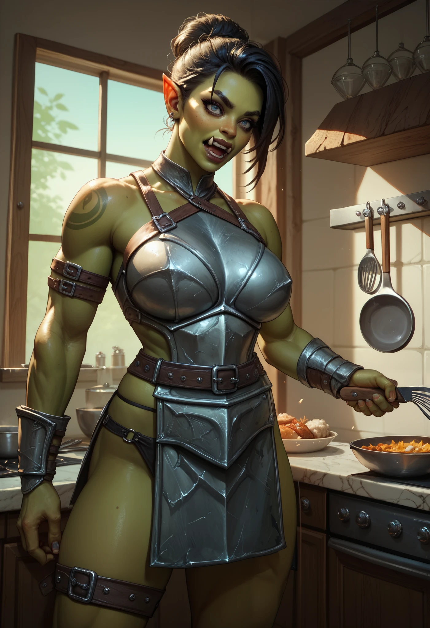  an incredible orc woman fighting in armor,standing in the kitchen peeling potatoes  ,cool style , maximum details 