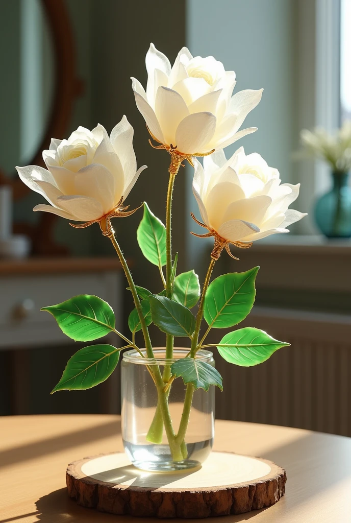 Made by Roses ,  Master's Hand Robot , (material glass:1.5) for roses, (white roses  :1.1), made from  (thin Glass :1.4), Beautiful Crystal Bud,  Each petal lets in light , transparency,  Gold Metal Weaven Stem,  Each Leaf is Bright Green ,  Standing in a Wooden Plank , rose, background room, Dresser , mirror, Beautiful, Excellent, 8 k, masterpiece,  better quality,  Maximum Quality ,  Complex Details ,  very clear details, ultra details,