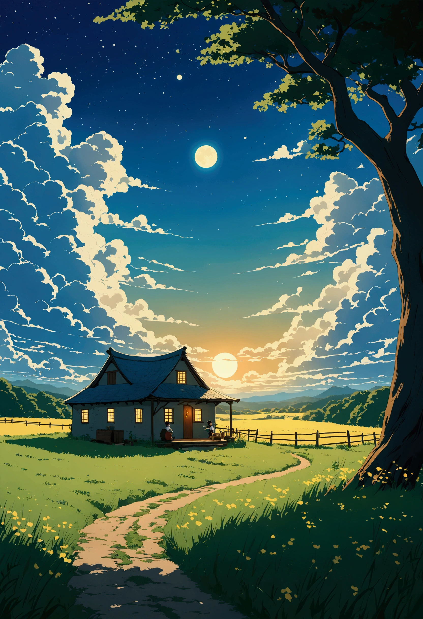 (Minimalism:1.4), Draw a simple Tintin style art, an old small brick hut under a lonely tree !!!,, Lonely view from afar field night serene top meadow road moon golden clouds!!!! ultra-microdetailed !!! serene fireflies lighting dream vast incredible sky studio Ghibli, miyazaki, , Makoto Shinkai!!, anime movie background the best quality the best of SeaArt HD !!!!!